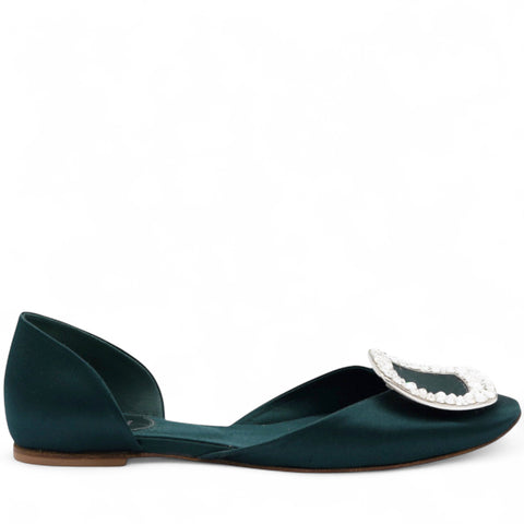 Chips Crystal Strass Buckle D'Orsay Flats In Green Satin Size34