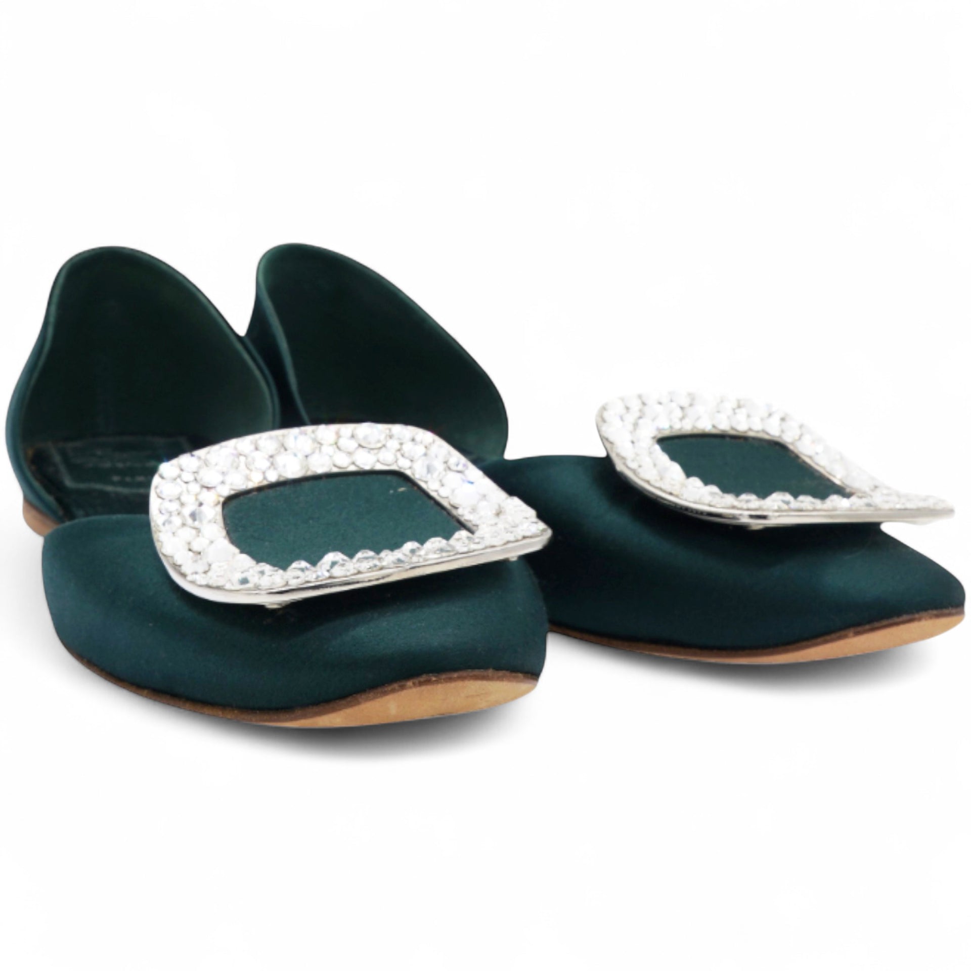 Chips Crystal Strass Buckle D'Orsay Flats In Green Satin Size34