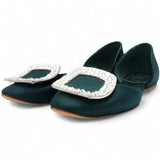 Chips Crystal Strass Buckle D'Orsay Flats In Green Satin Size34