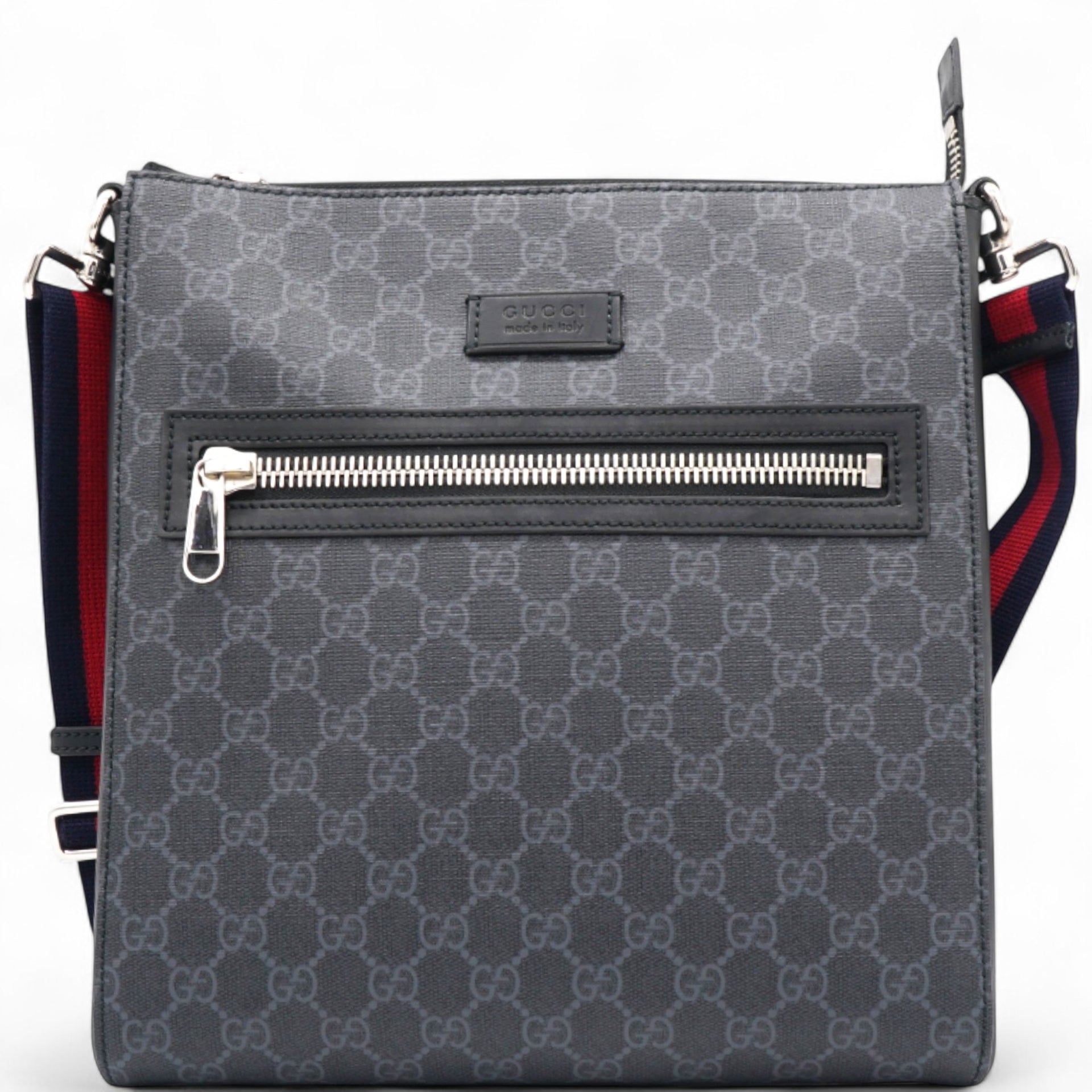 GG Supreme Monogram Appia Web Flat Messenger Bag Black Grey