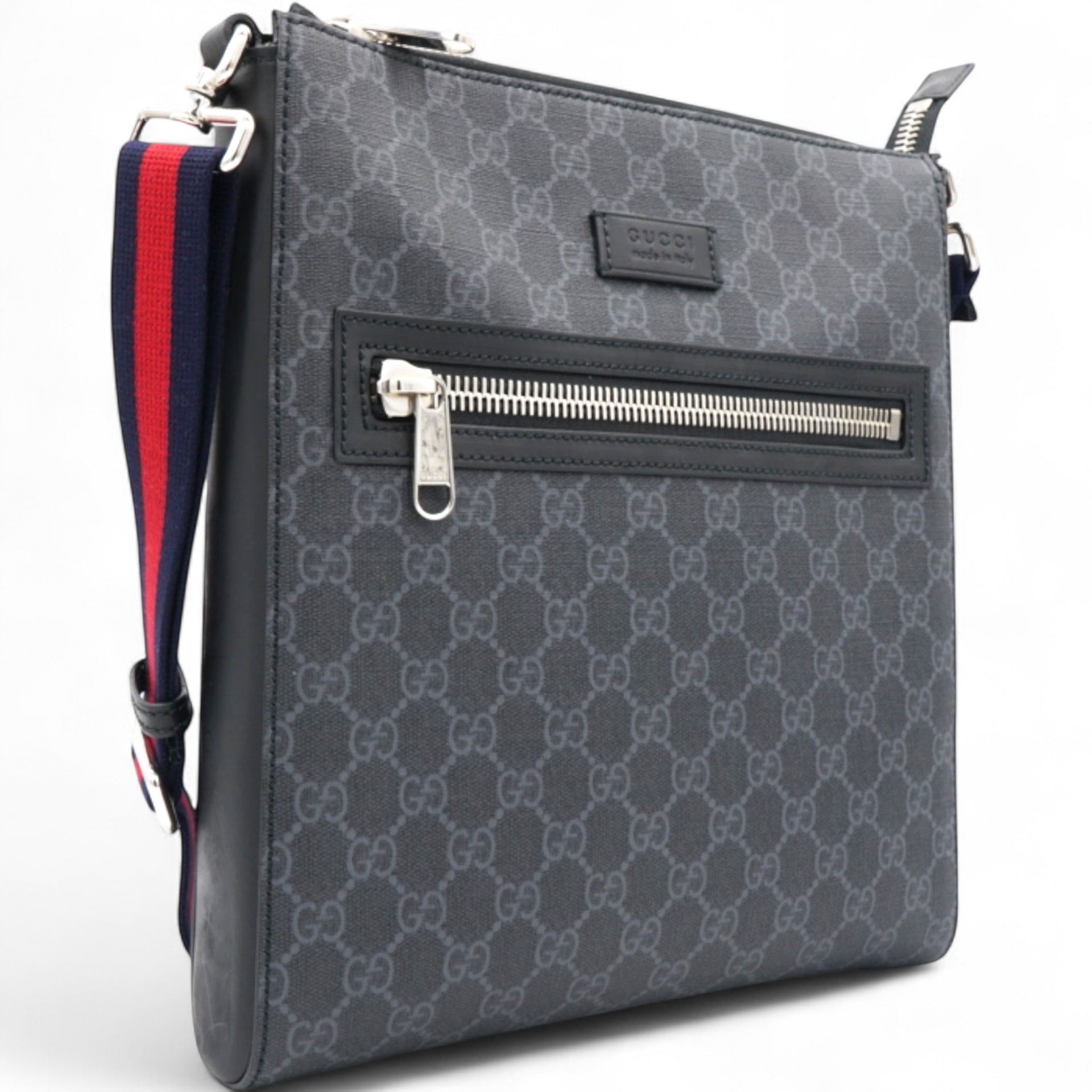 GG Supreme Monogram Appia Web Flat Messenger Bag Black Grey