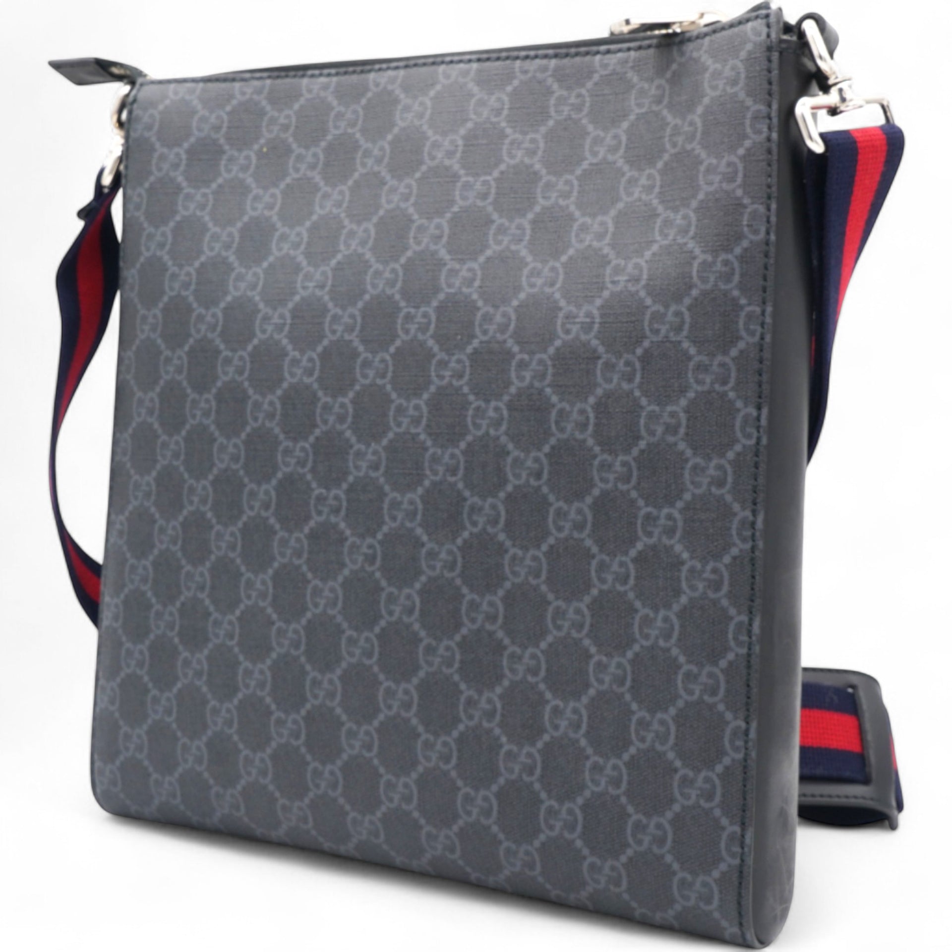 GG Supreme Monogram Appia Web Flat Messenger Bag Black Grey