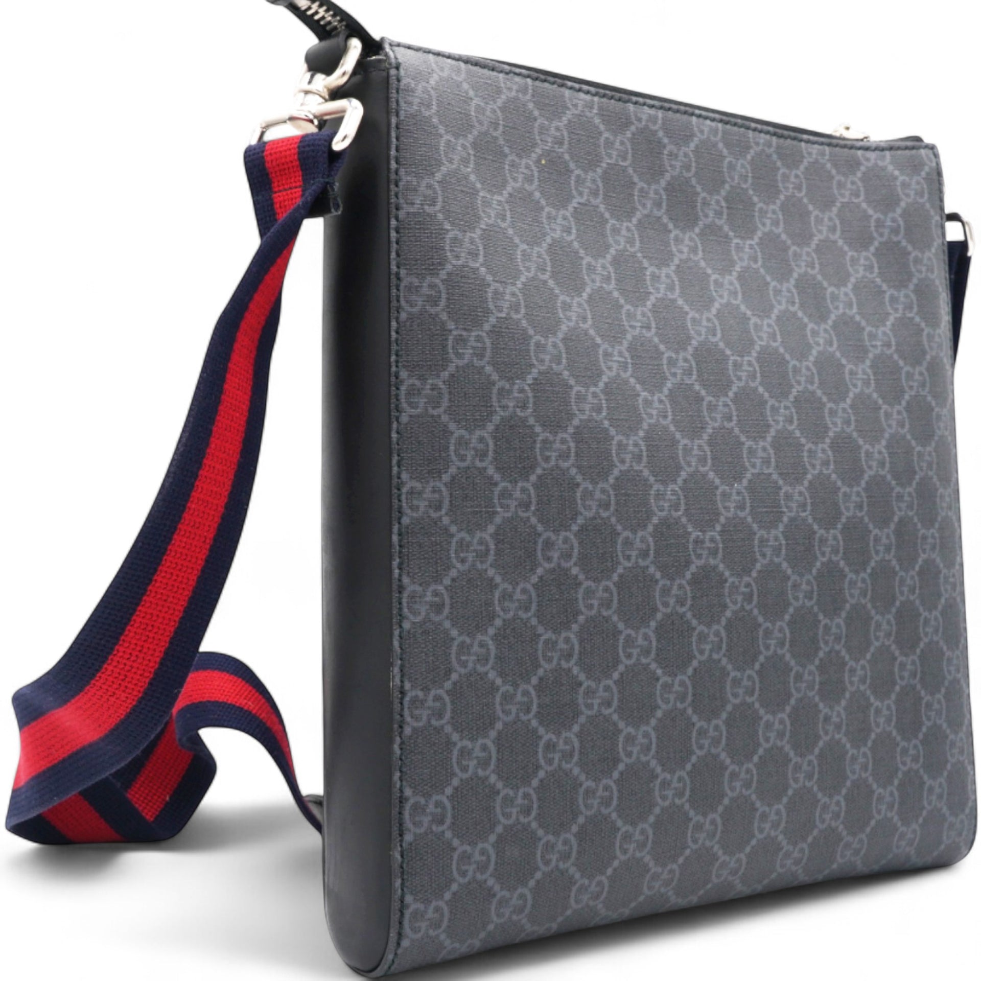 GG Supreme Monogram Appia Web Flat Messenger Bag Black Grey