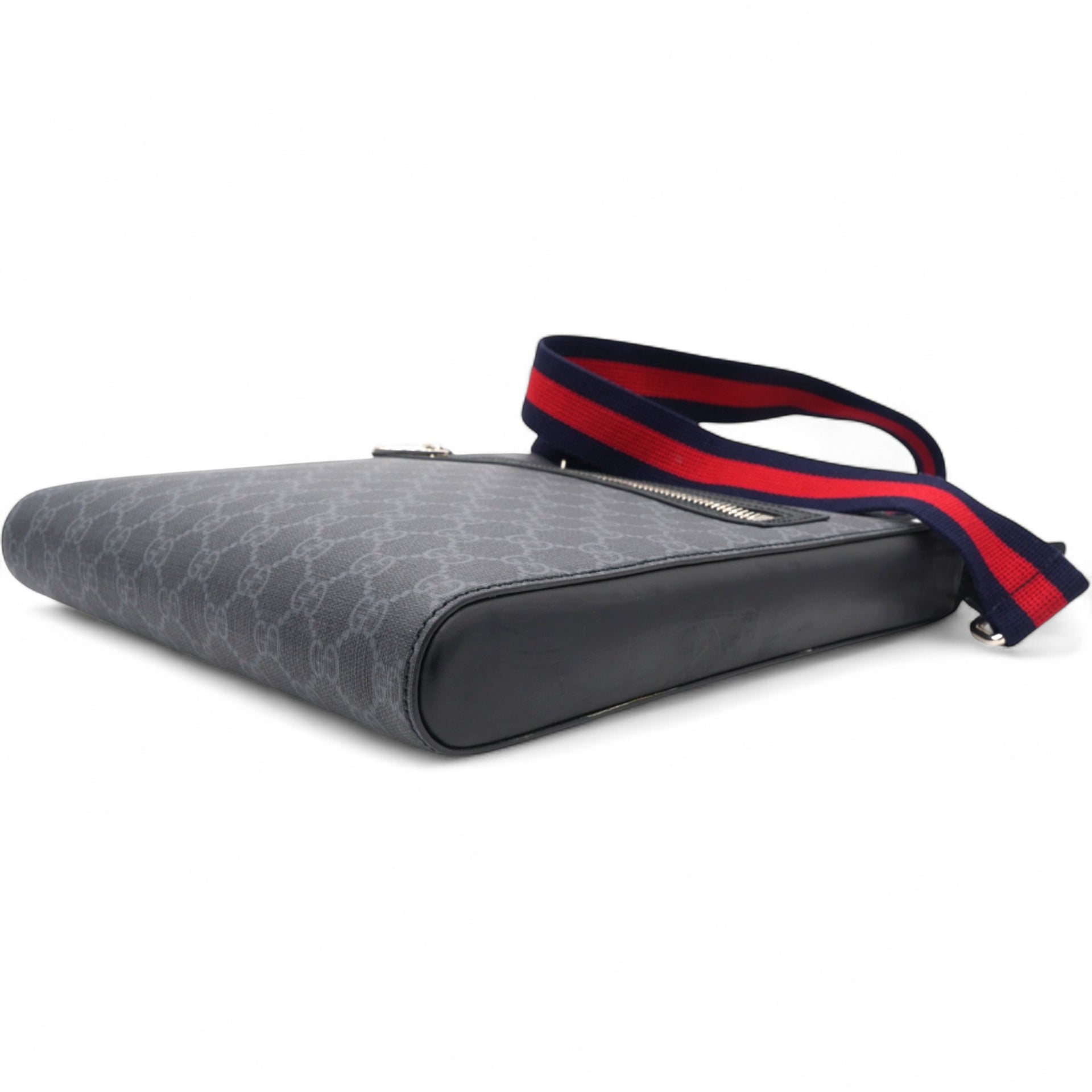 GG Supreme Monogram Appia Web Flat Messenger Bag Black Grey