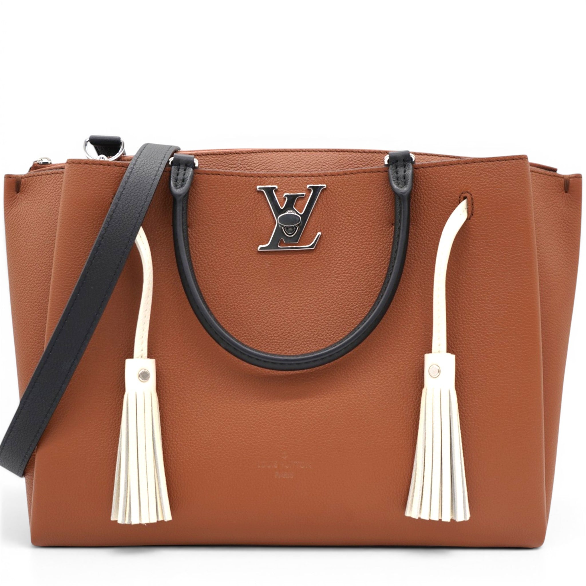 LOUIS VUITTON Lockmeto Brown Caramel Black and White Leather Tassel Tote Bag 