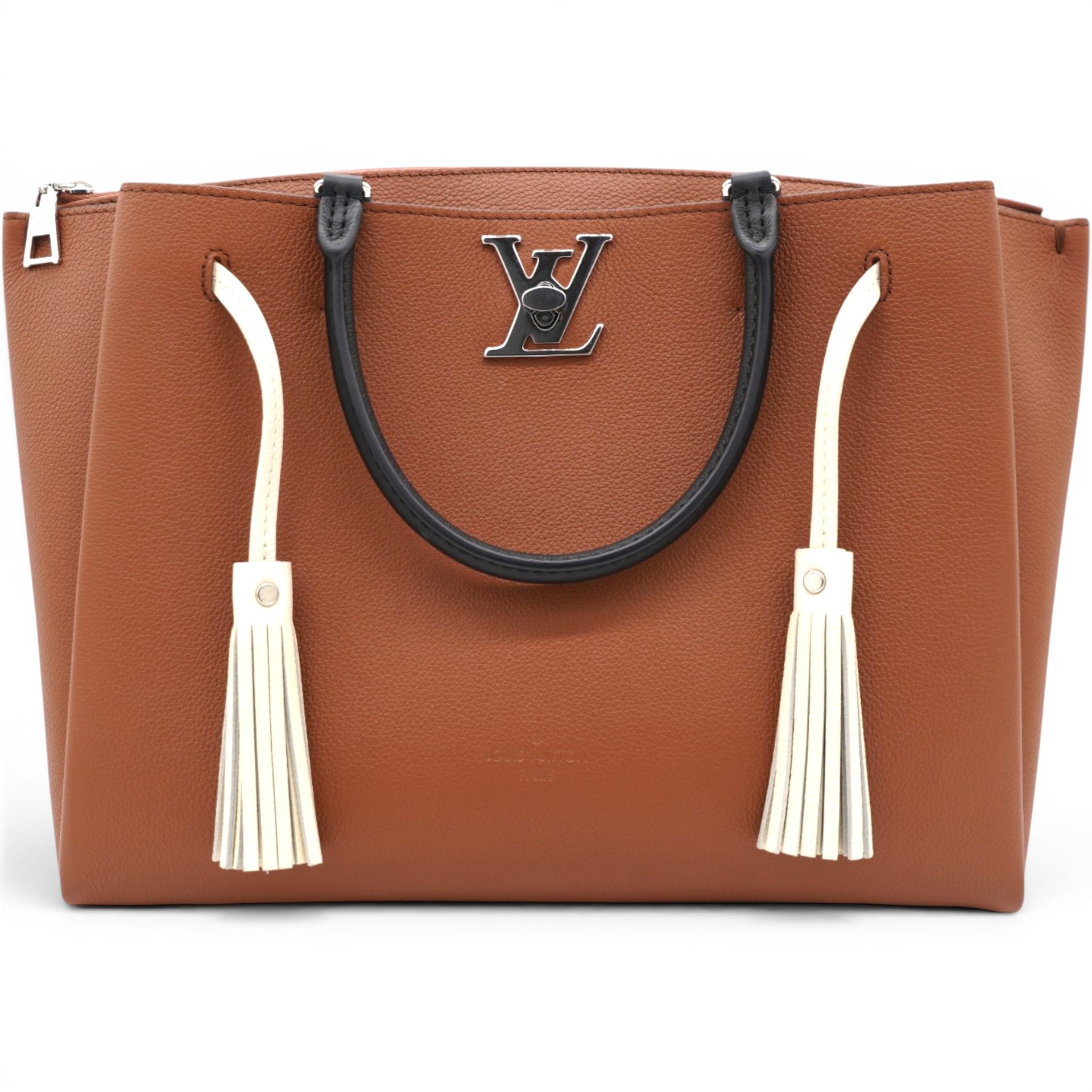 LOUIS VUITTON Lockmeto Brown Caramel Black and White Leather Tassel Tote Bag 