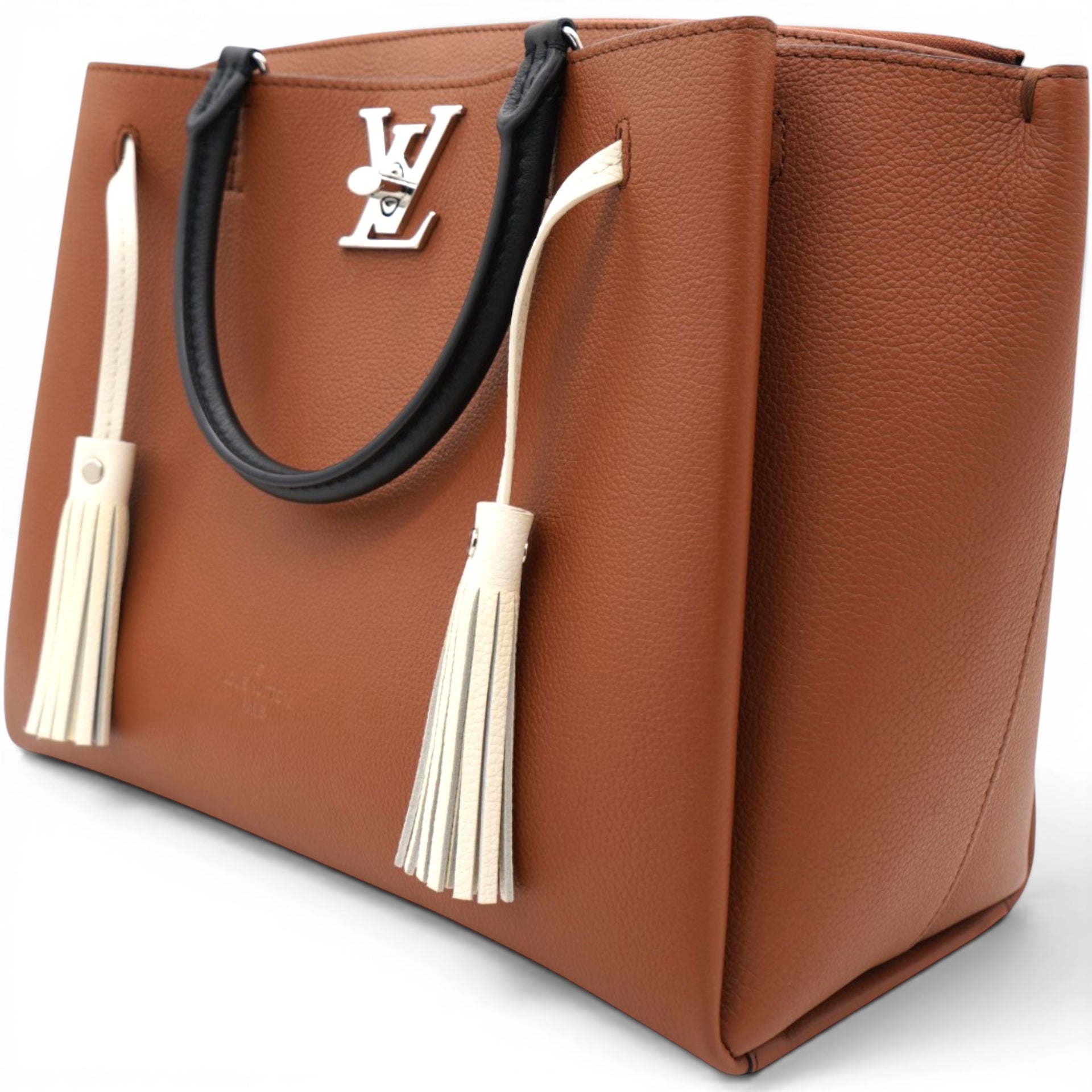 LOUIS VUITTON Lockmeto Brown Caramel Black and White Leather Tassel Tote Bag 