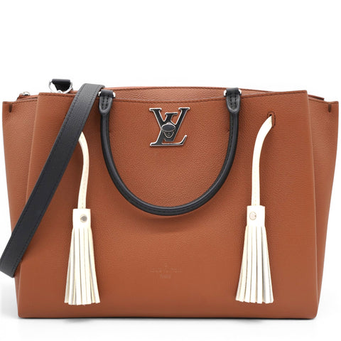LOUIS VUITTON Lockmeto Brown Caramel Black and White Leather Tassel Tote Bag 
