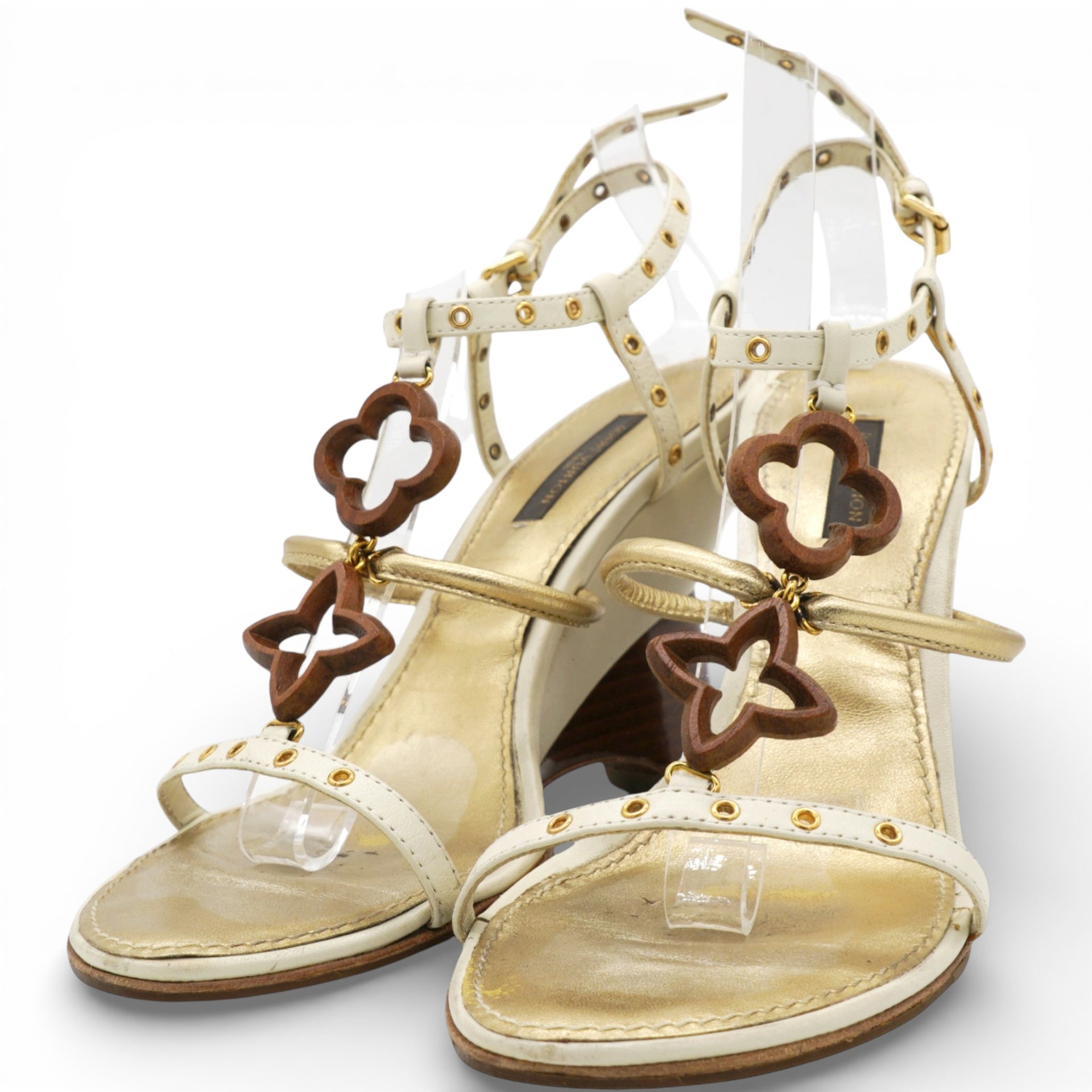LOUIS VUITTON Tri Color Leather Eyelet T-Strap Wedge Sandals Size37.5 