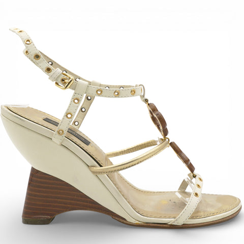 LOUIS VUITTON Tri Color Leather Eyelet T-Strap Wedge Sandals Size37.5 