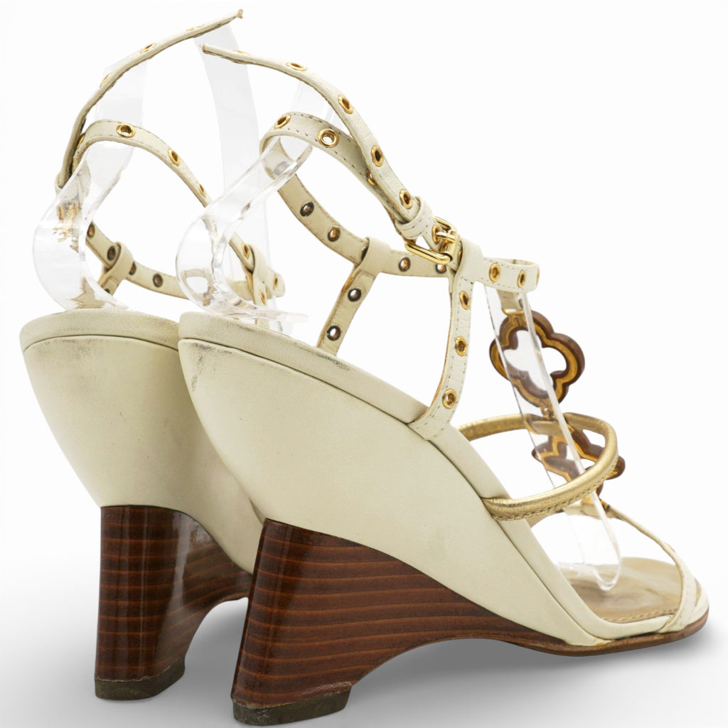 LOUIS VUITTON Tri Color Leather Eyelet T-Strap Wedge Sandals Size37.5 ...