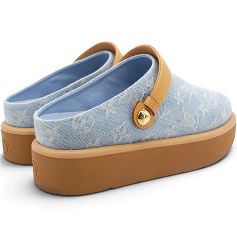 Louis Vuitton Monogram Washed Denim Aspen Platform Clog Mules Blue Size40 