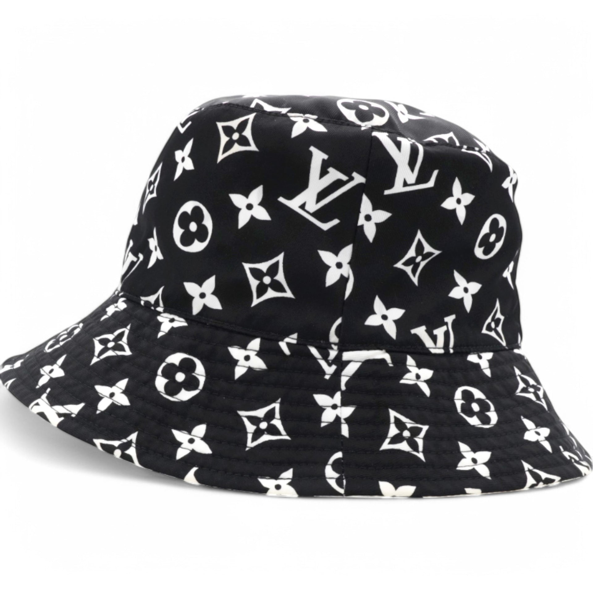Louis Vuitton Nylon Monogram Reversible Bob Bucket Hat Black White Size M 