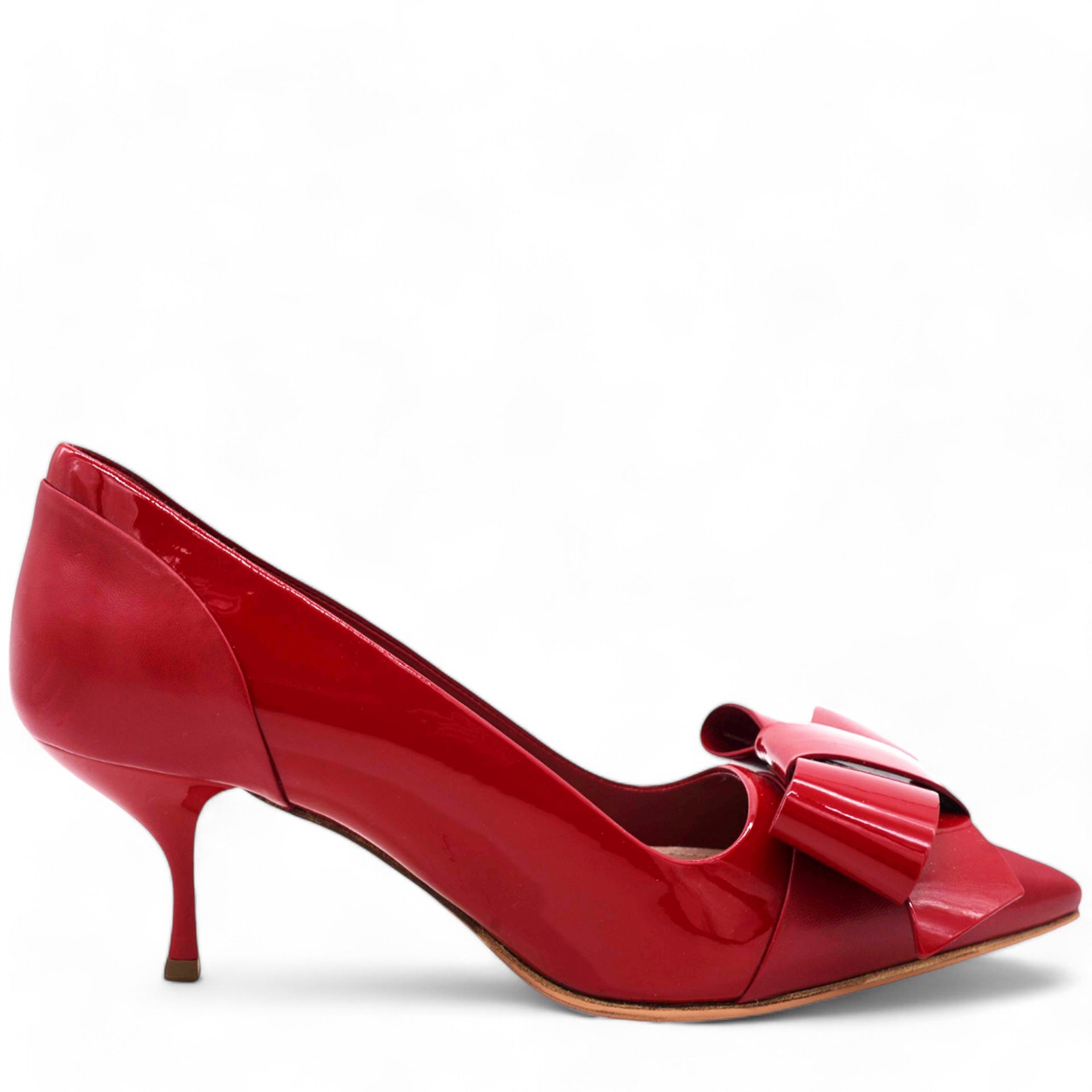 Miu Miu Dark Red Patent Leather Bow Pointed Toe Pumps Size 37.5 
