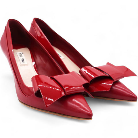 Miu Miu Dark Red Patent Leather Bow Pointed Toe Pumps Size 37.5 