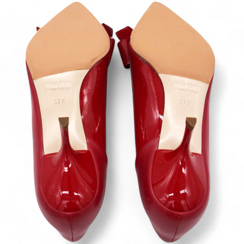 Miu Miu Dark Red Patent Leather Bow Pointed Toe Pumps Size 37.5 