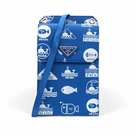 Prada Saffiano Whale Printed Phone Holder Crossbody Bag in Blue Leather