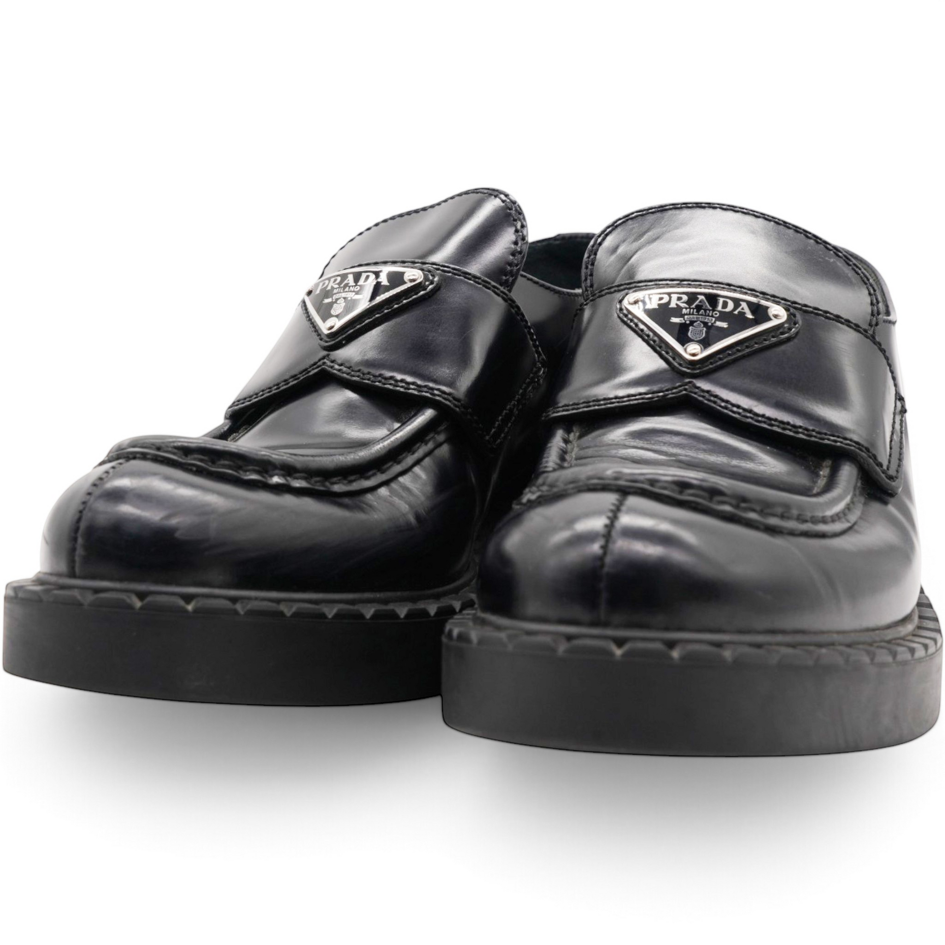 Prada Spazzolato Metal Triangle Logo Loafers Black Size36 