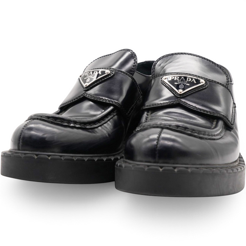 Prada Spazzolato Metal Triangle Logo Loafers Black Size36 
