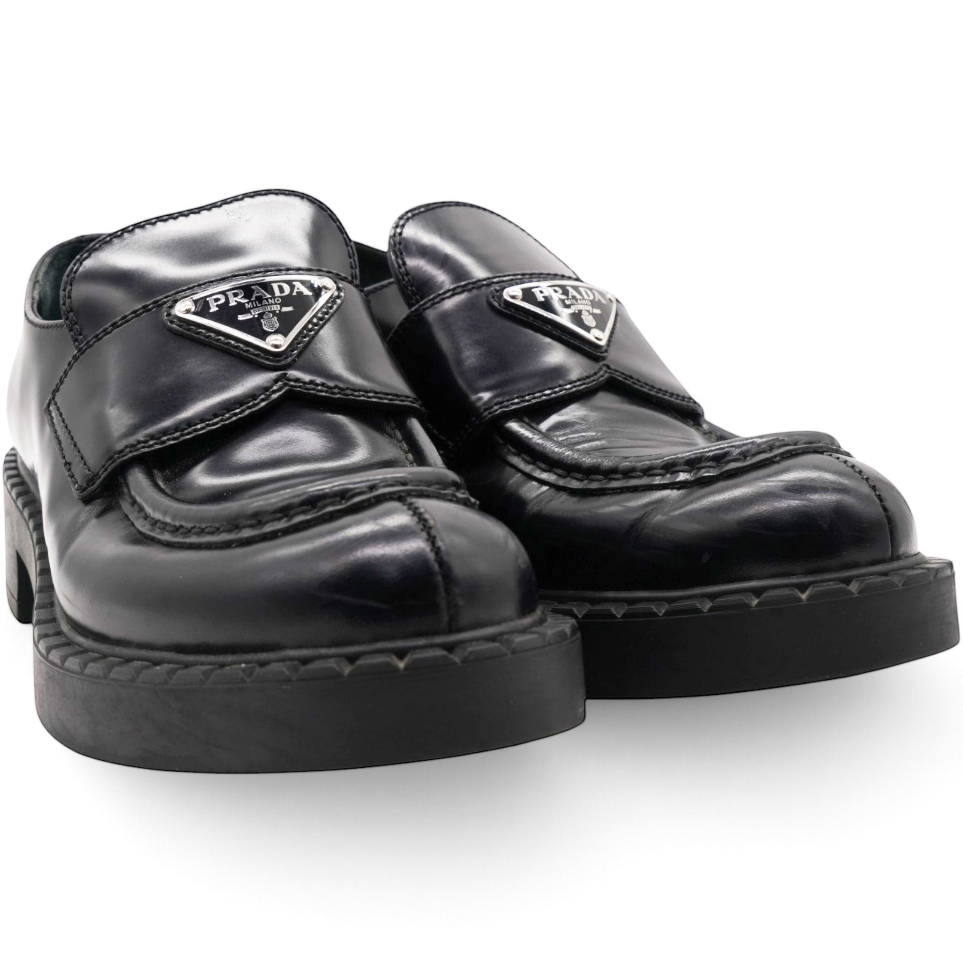 Prada Spazzolato Metal Triangle Logo Loafers Black Size36 