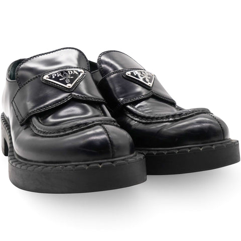 Prada Spazzolato Metal Triangle Logo Loafers Black Size36 