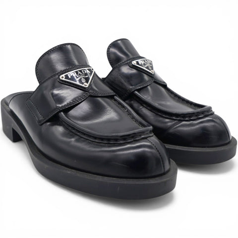 Prada Spazzolato Triangle 40mm Loafer Mules Black Size37.5 