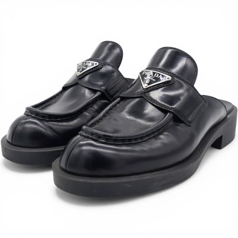 Prada Spazzolato Triangle 40mm Loafer Mules Black Size37.5 