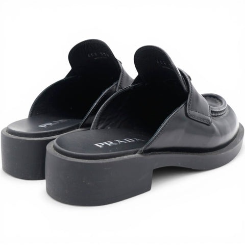 Prada Spazzolato Triangle 40mm Loafer Mules Black Size37.5 