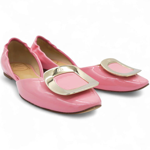 Roger Vivier Pink Patent Leather Buckle Detail Square Ballet Flats Size37 