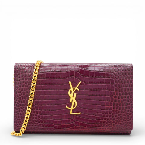 SAINT LAURANT Burgundy Croc Embossed Leather Woc