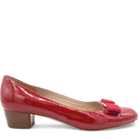 SALVATORE FERRAGAMO Red Patent Leather Vara Double Bow Pumps Size 8/39 