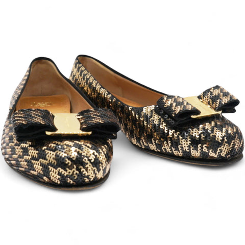 SALVATORE FERRAGAMO Sequin Herringbone Varina Coo Sequin Ballet Flat Raso Size37 