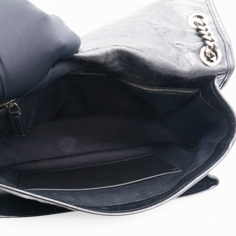 Saint Laurent Crinkled Calfskin Matelasse Monogram Medium Niki Chain Satchel Black 