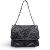 Saint Laurent Crinkled Calfskin Matelasse Monogram Medium Niki Chain Satchel Black 
