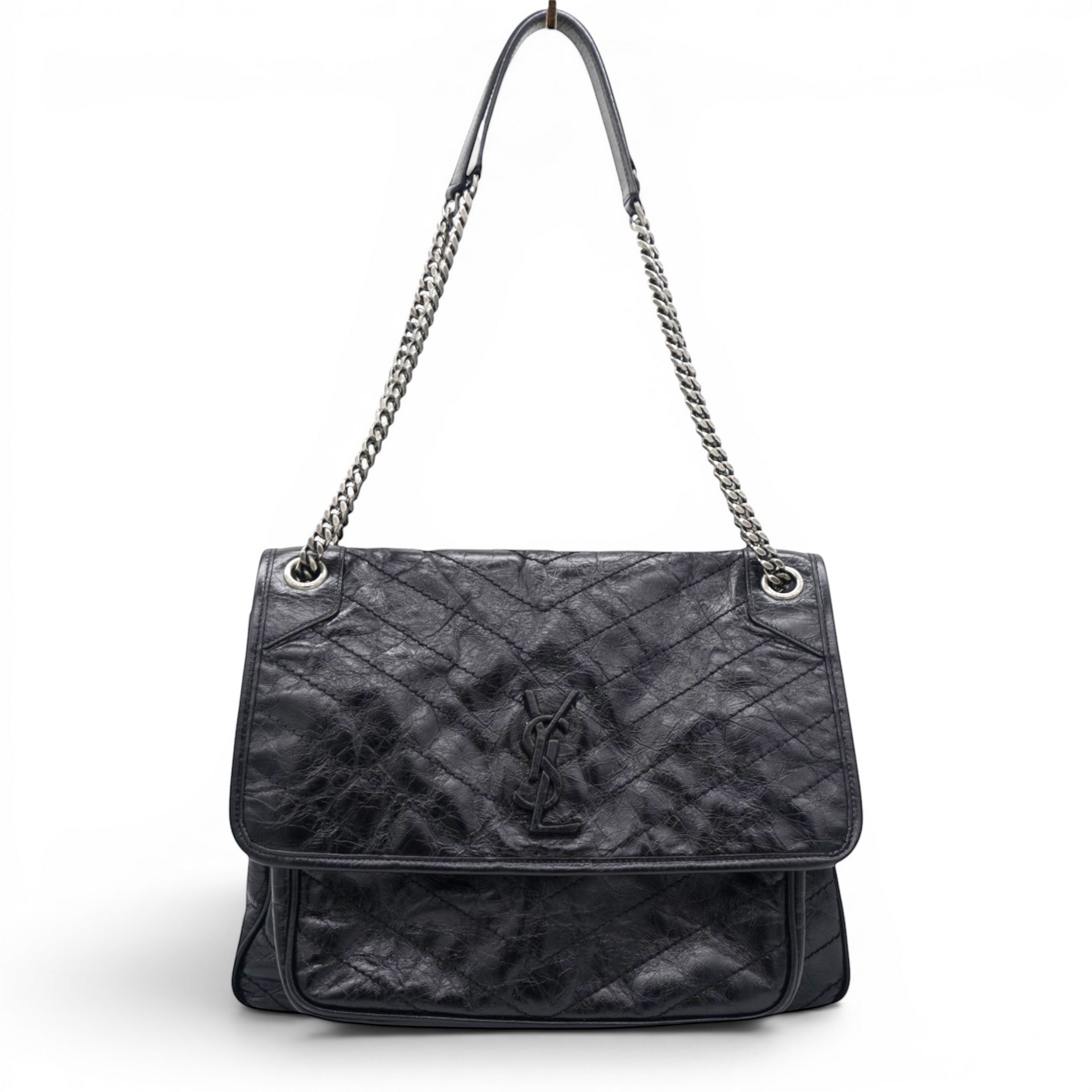 Saint Laurent Crinkled Calfskin Matelasse Monogram Medium Niki Chain Satchel Black 