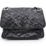 Saint Laurent Crinkled Calfskin Matelasse Monogram Medium Niki Chain Satchel Black 