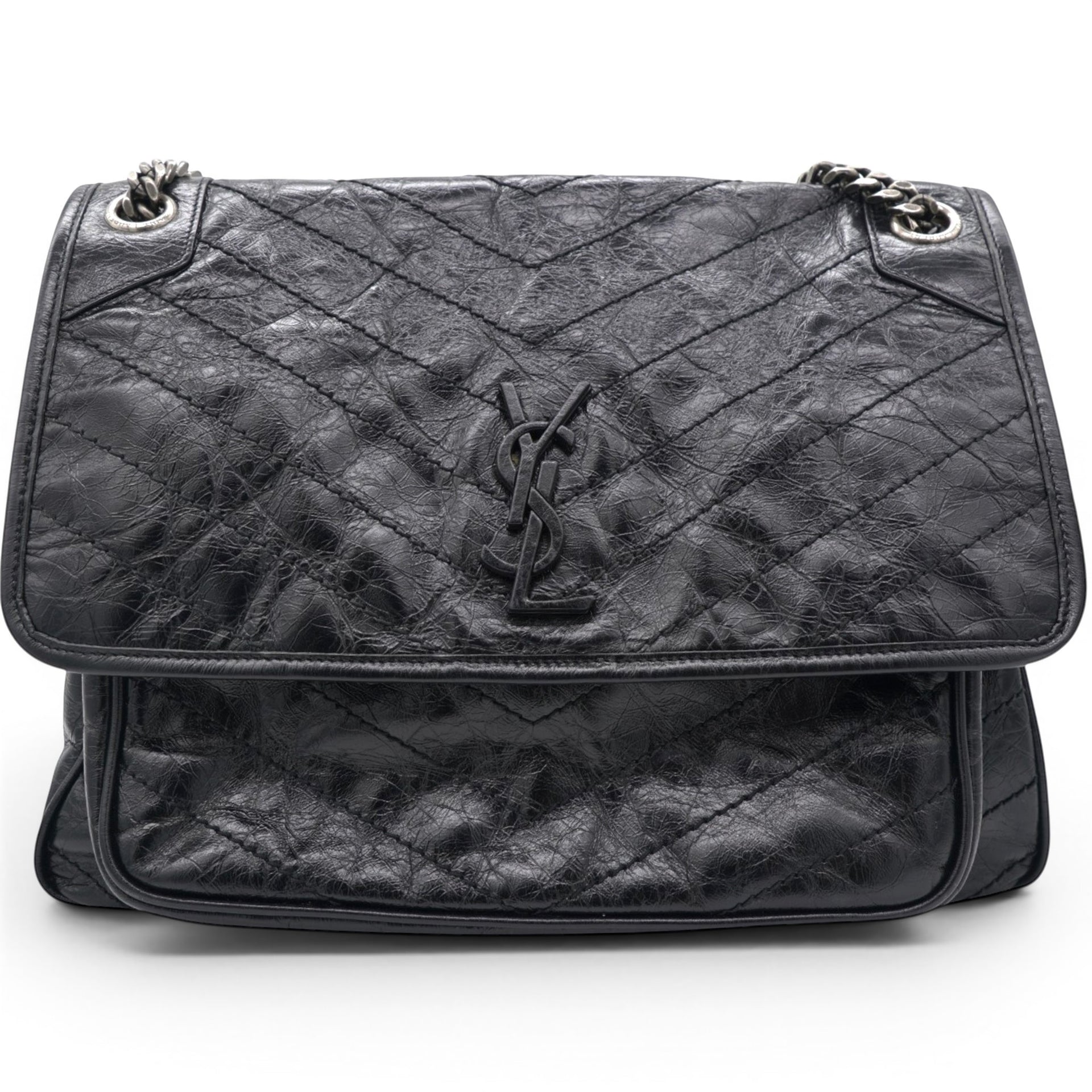 Saint Laurent Crinkled Calfskin Matelasse Monogram Medium Niki Chain Satchel Black 