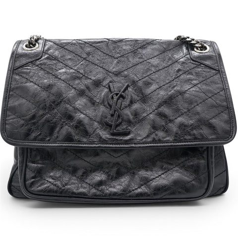 Saint Laurent Crinkled Calfskin Matelasse Monogram Medium Niki Chain Satchel Black 