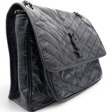 Saint Laurent Crinkled Calfskin Matelasse Monogram Medium Niki Chain Satchel Black 