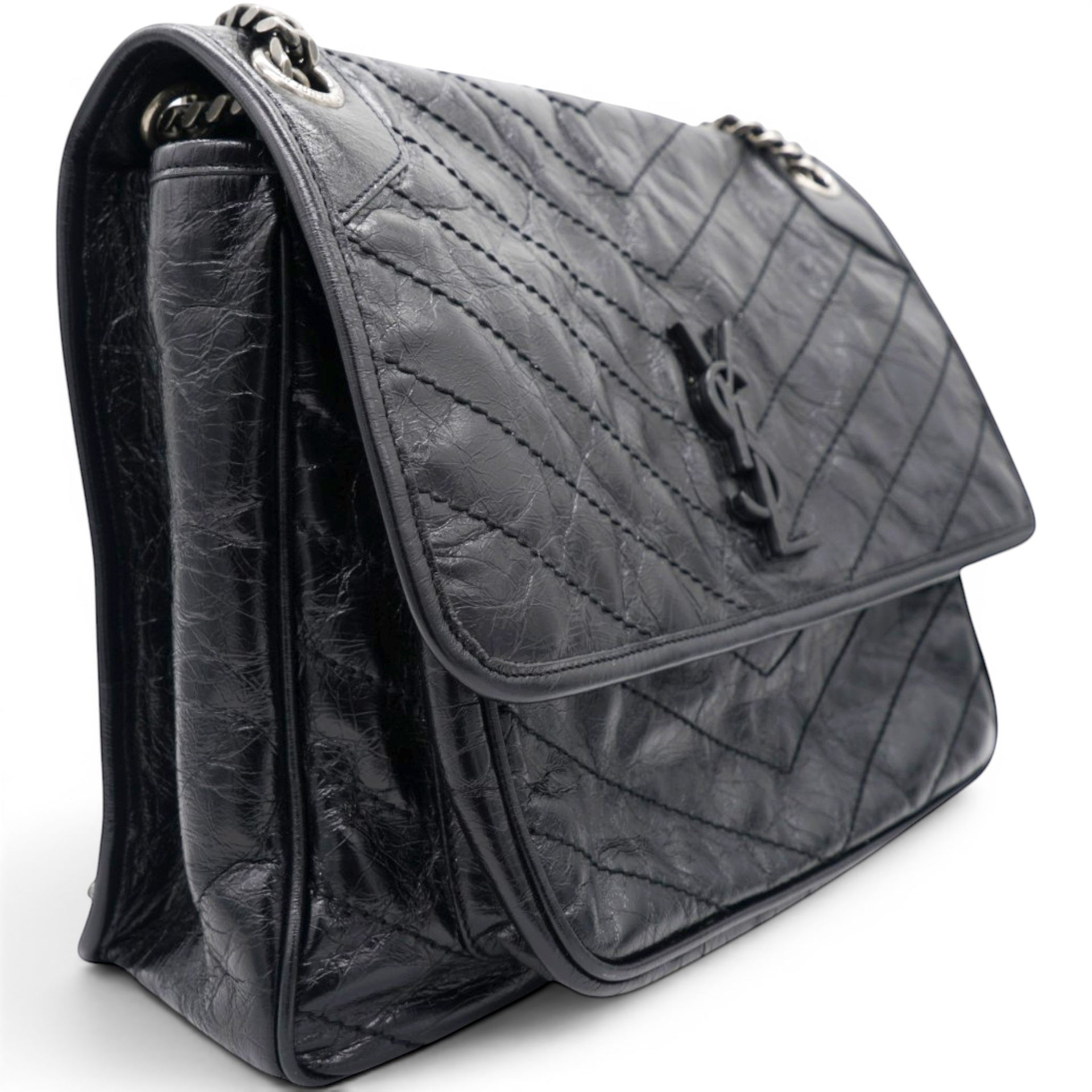 Saint Laurent Crinkled Calfskin Matelasse Monogram Medium Niki Chain Satchel Black 
