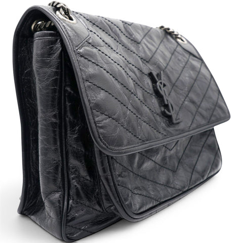 Saint Laurent Crinkled Calfskin Matelasse Monogram Medium Niki Chain Satchel Black 
