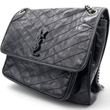 Saint Laurent Crinkled Calfskin Matelasse Monogram Medium Niki Chain Satchel Black 