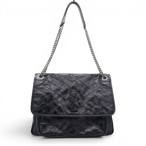 Saint Laurent Crinkled Calfskin Matelasse Monogram Medium Niki Chain Satchel Black 