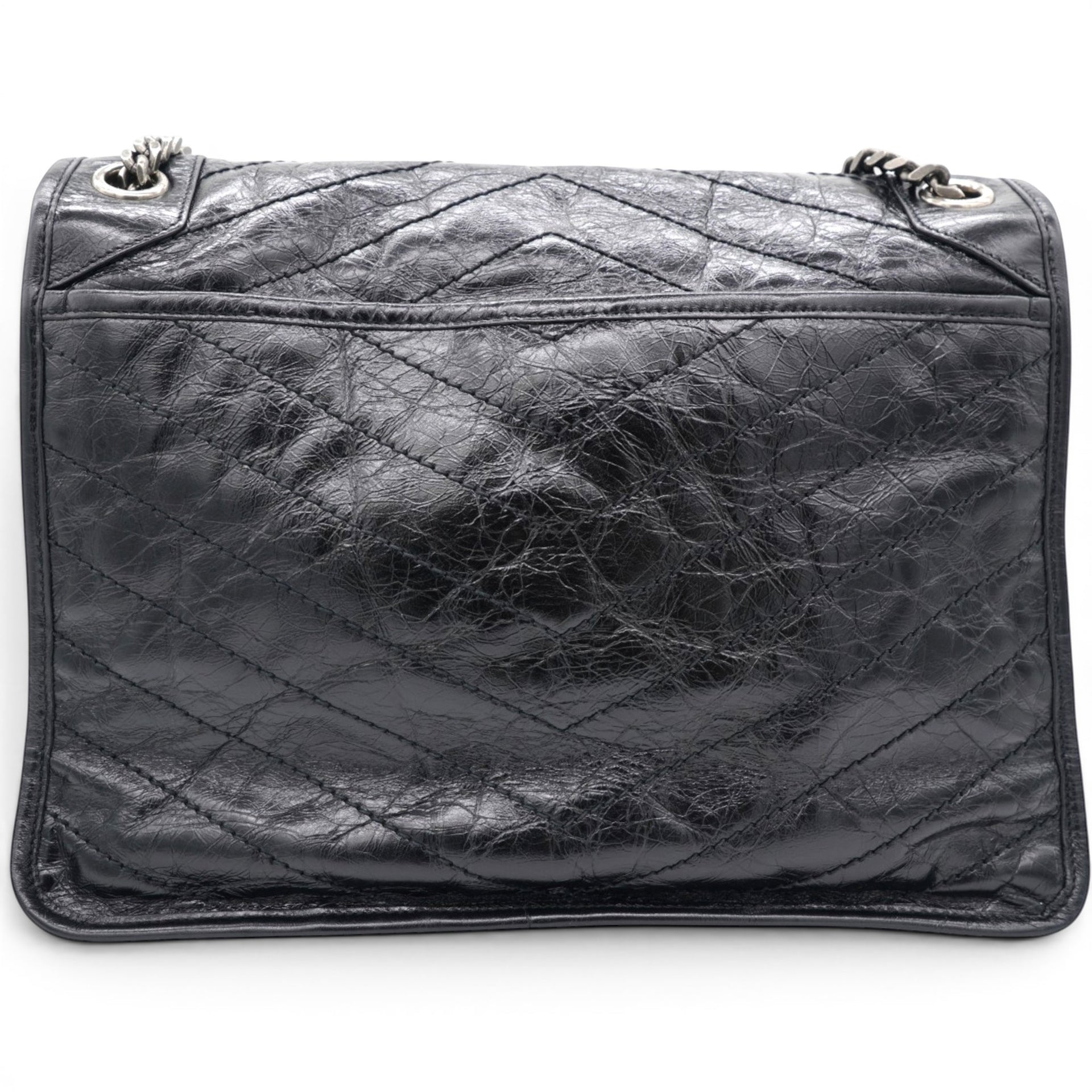 Saint Laurent Crinkled Calfskin Matelasse Monogram Medium Niki Chain Satchel Black 