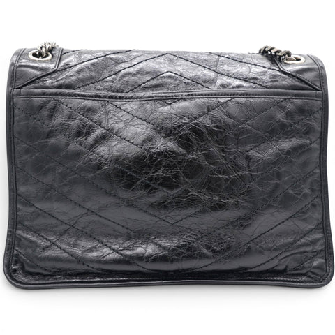 Saint Laurent Crinkled Calfskin Matelasse Monogram Medium Niki Chain Satchel Black 