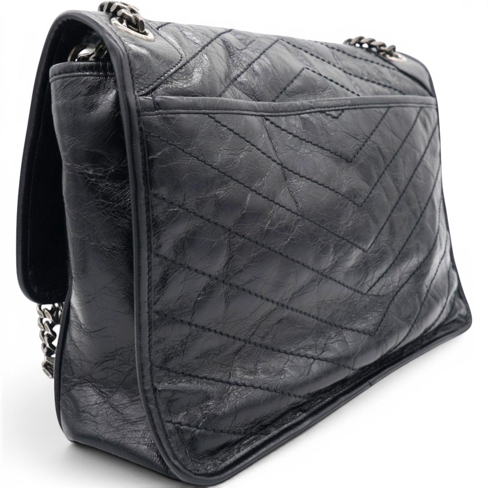 Saint Laurent Crinkled Calfskin Matelasse Monogram Medium Niki Chain Satchel Black 