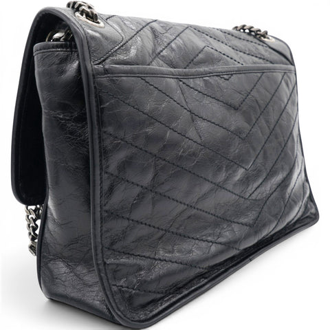 Saint Laurent Crinkled Calfskin Matelasse Monogram Medium Niki Chain Satchel Black 