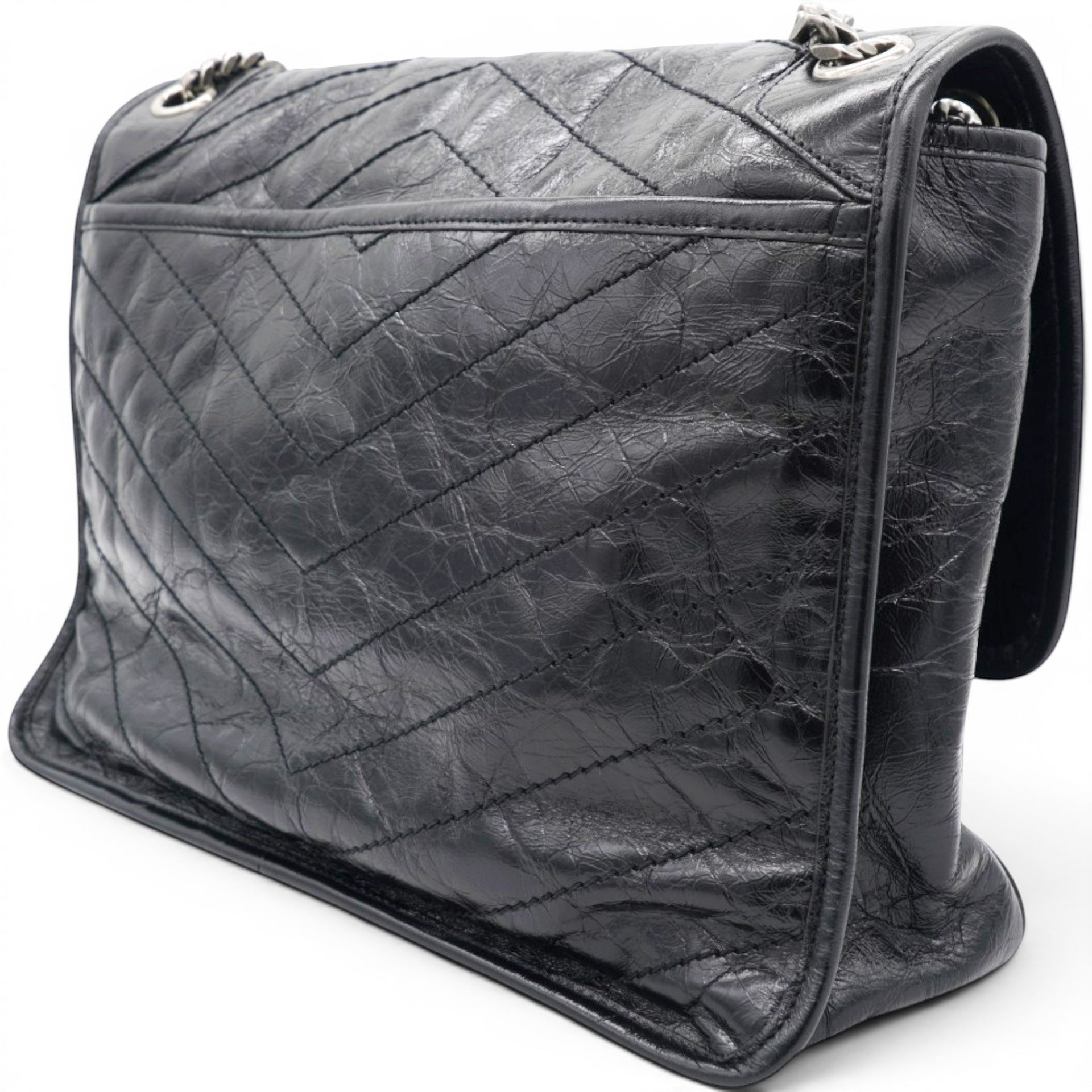 Saint Laurent Crinkled Calfskin Matelasse Monogram Medium Niki Chain Satchel Black 