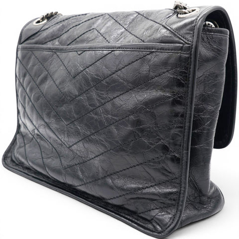 Saint Laurent Crinkled Calfskin Matelasse Monogram Medium Niki Chain Satchel Black 