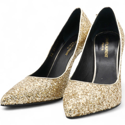 Saint Laurent Gold Glitter Pointed Toe Heels Golden Metallic Size38 